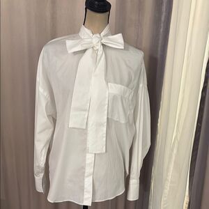 Valentino White Bow Tie Cotton Blouse